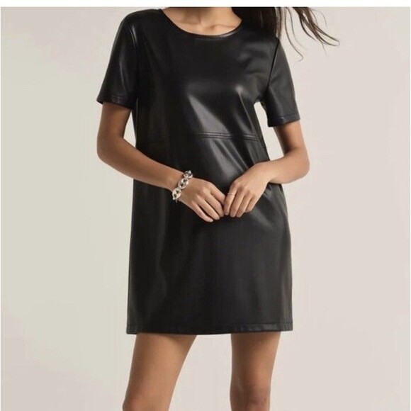 Z Supply Dresses & Skirts - Z Supply London Faux Leather Mini Shift Dress Short Sleeve Black Esti. Sz Medium